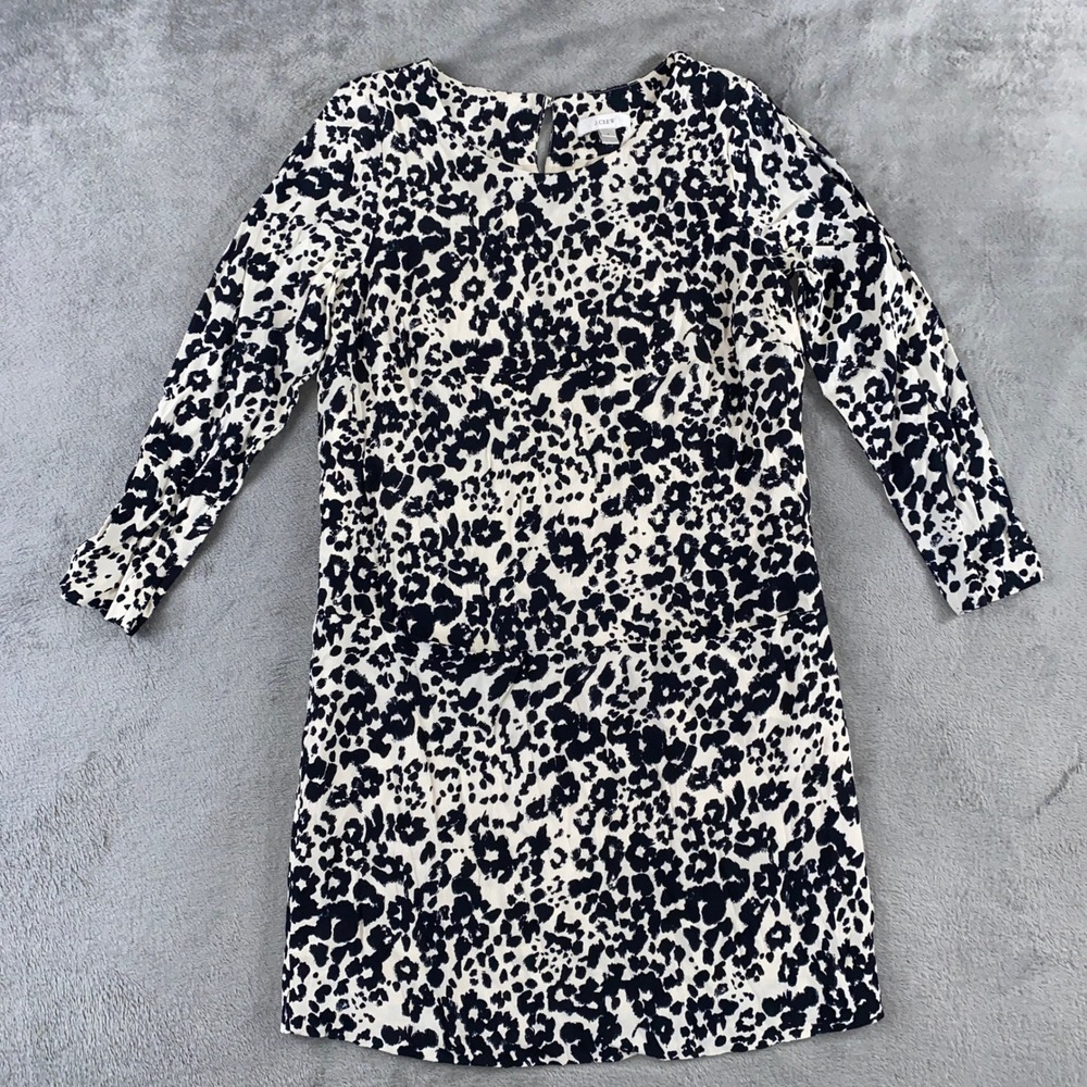 J Crew Jules Shift Dress Womens 2 Black White Snowcat Leopard Print Long Sleeve